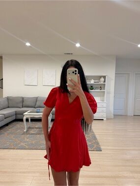 Zara Red V-Neck Puff Sleeve Mini Dress